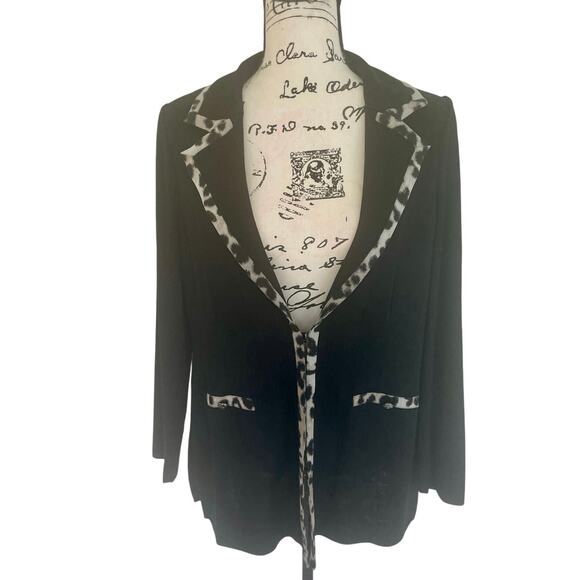 MING WANG BLAZER KNIT TAILORED BLACK LEOPARD TRIM SZ M SHOULDER PADDED AESTHETIC - Picture 12 of 16